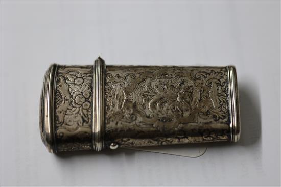 A late 19th/early 20th century continental embossed silver etui case, 92mm.